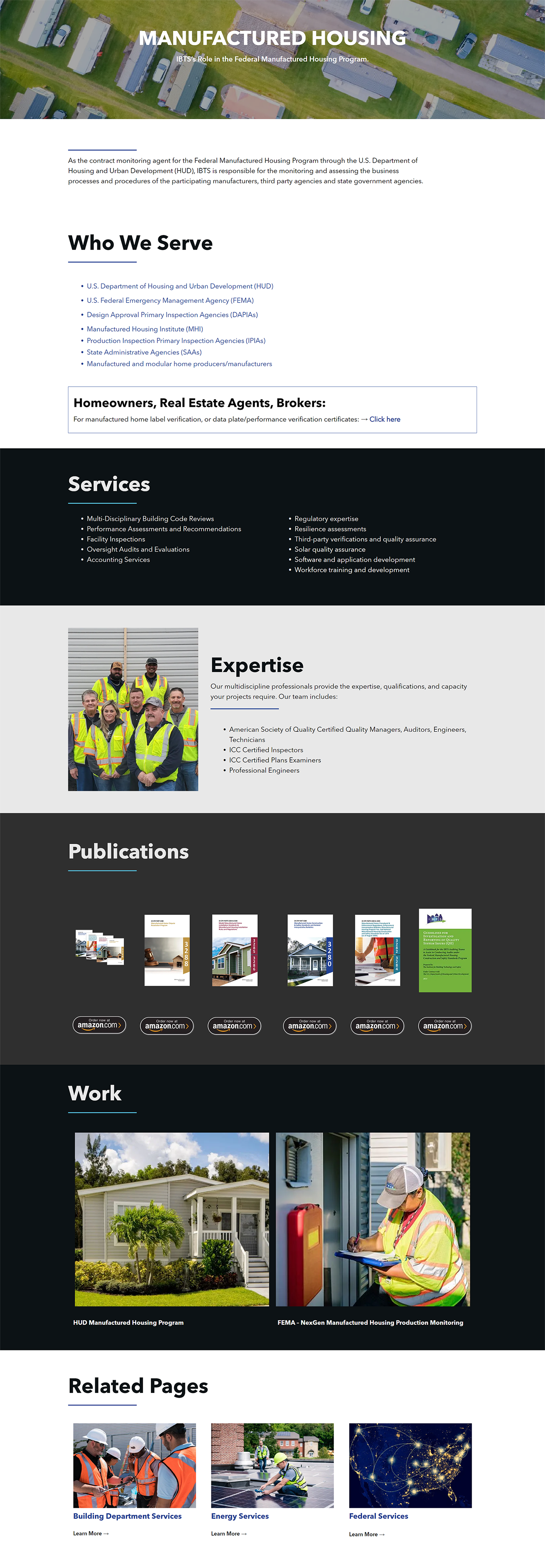 Website screenshot with white and dark sections, text blocks, and thumbnail photos of homes, art, and landscapes.
