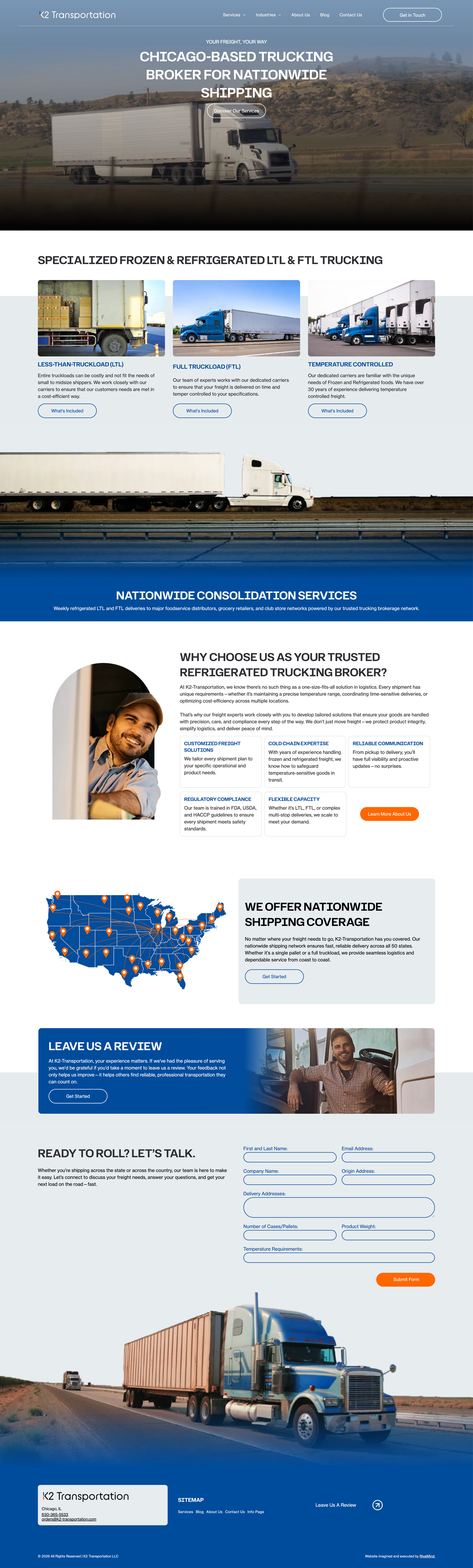 Blue and white website homepage with navigation, banner, text sections, and small photos of people working