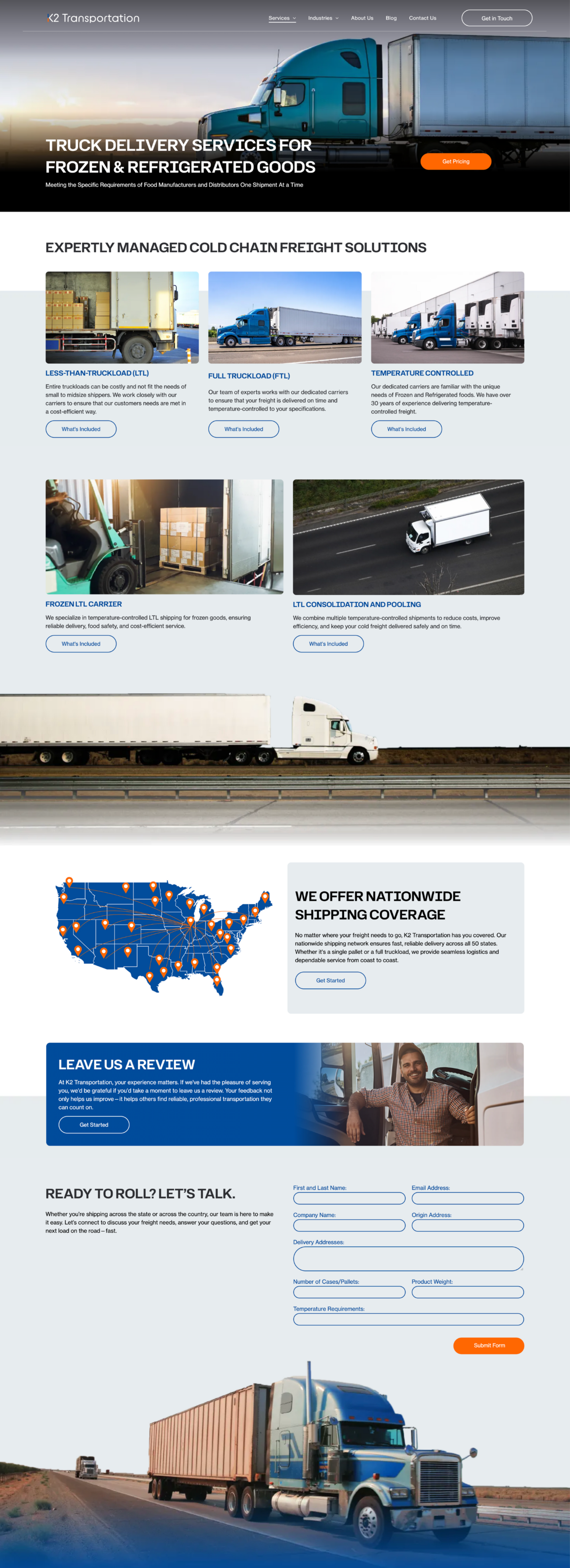 Webpage with blue header, white content sections, photos, and a form near the bottom.