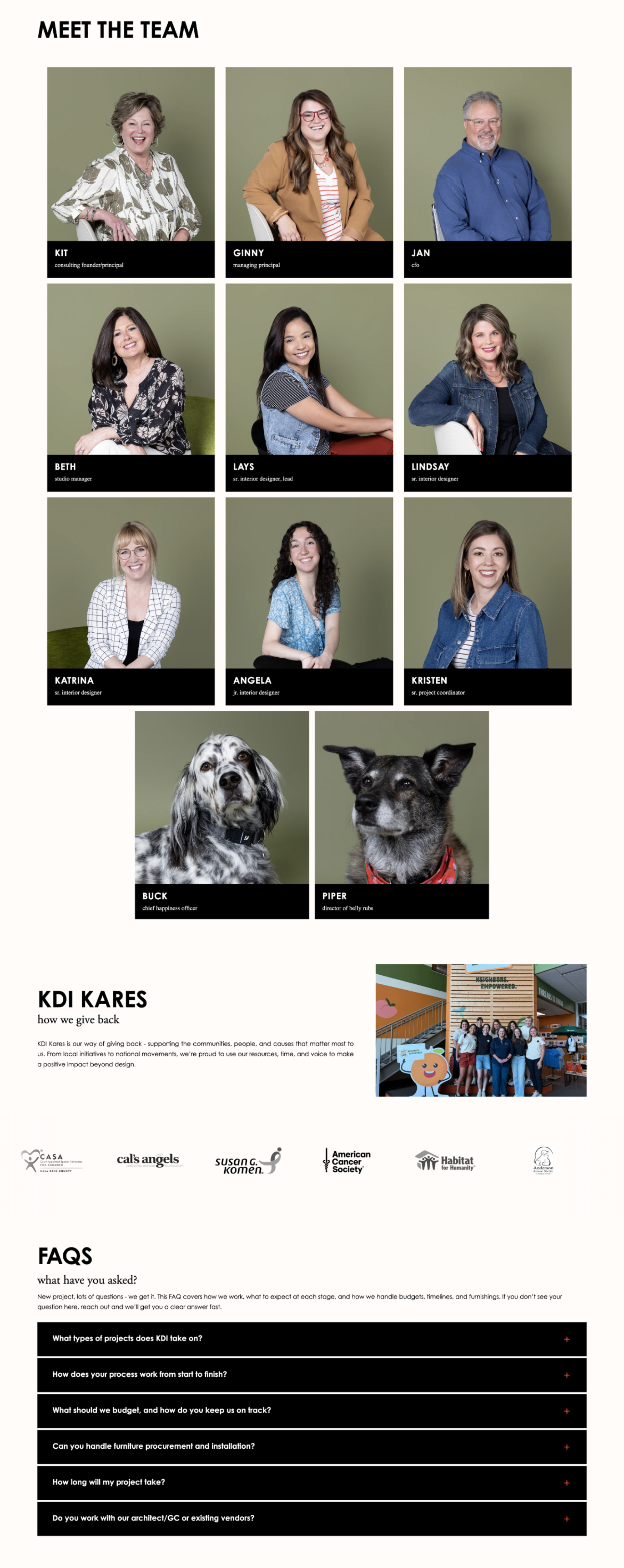 Blue and white website homepage with navigation, banner, text sections, and small photos of people working
