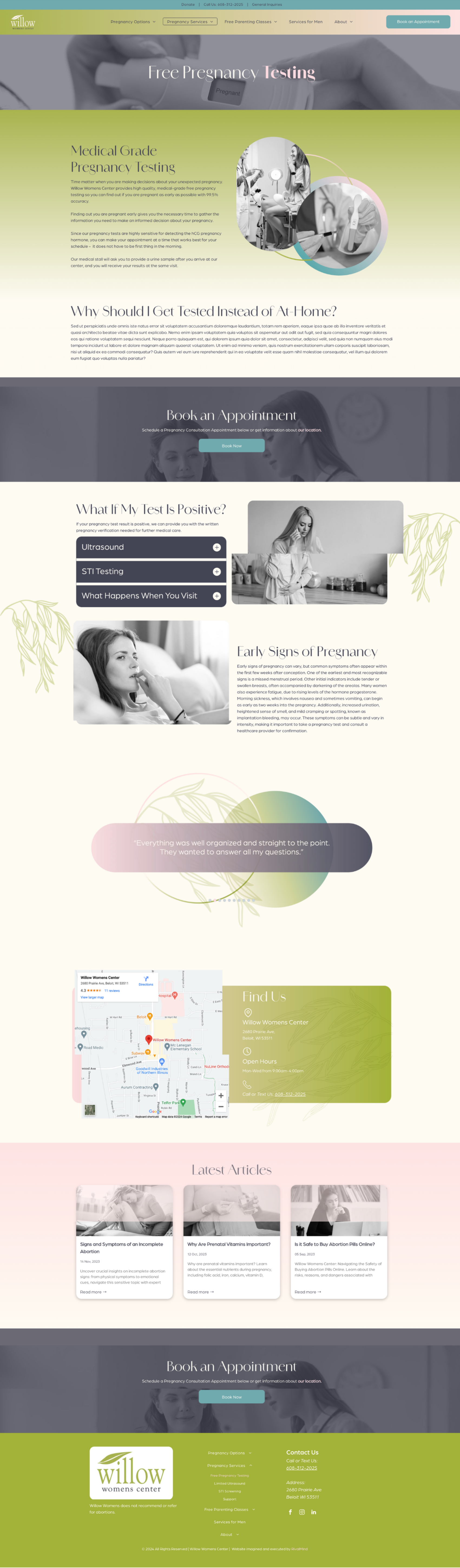 Long vertical website homepage mockup with soft pastel sections, product photos, cards, and a green footer footer