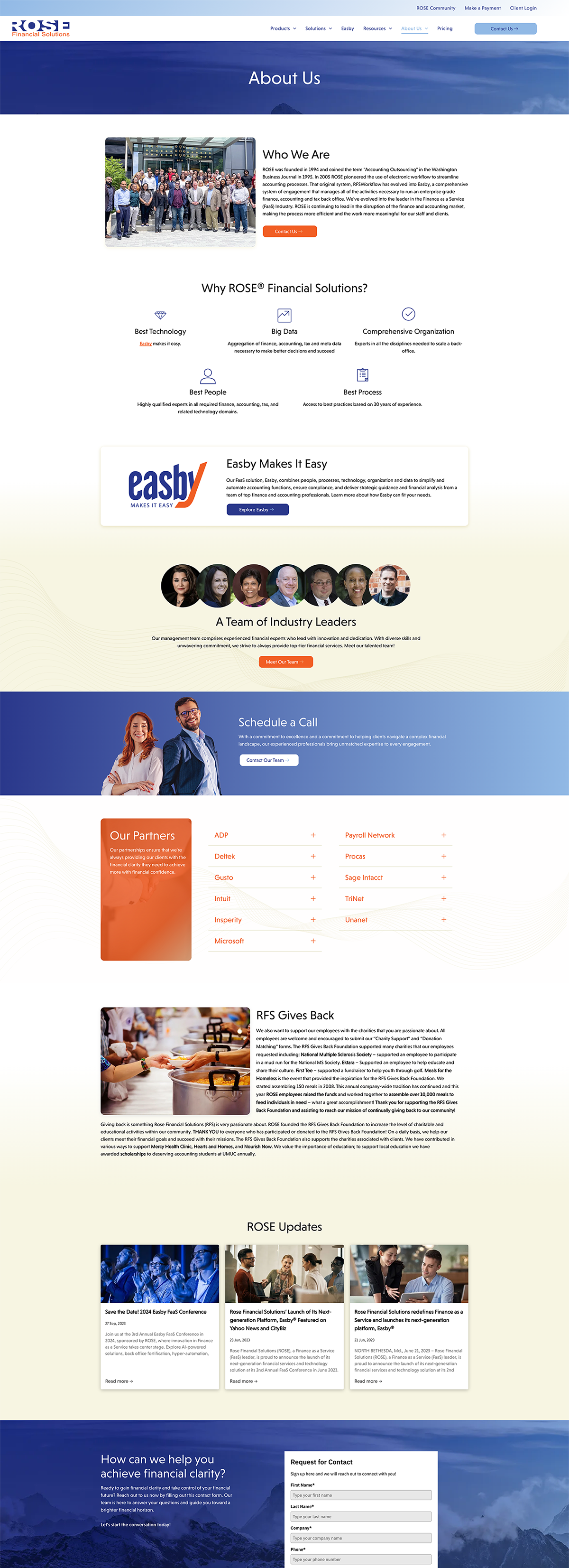 Screenshot of a website page with a blue header, article images, and a row of profile thumbnails on a white background