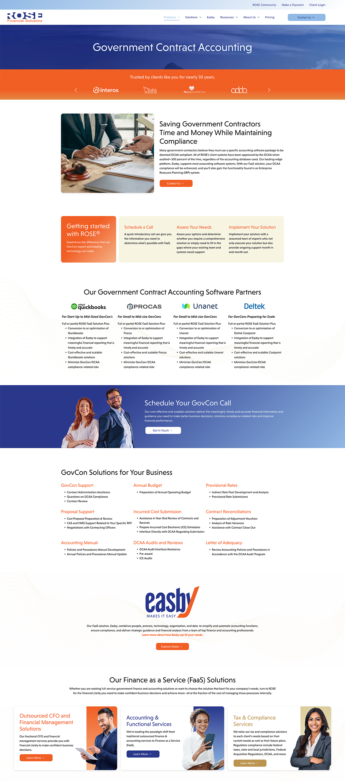 Corporate website homepage with blue and orange sections, service tiles, and business people photos