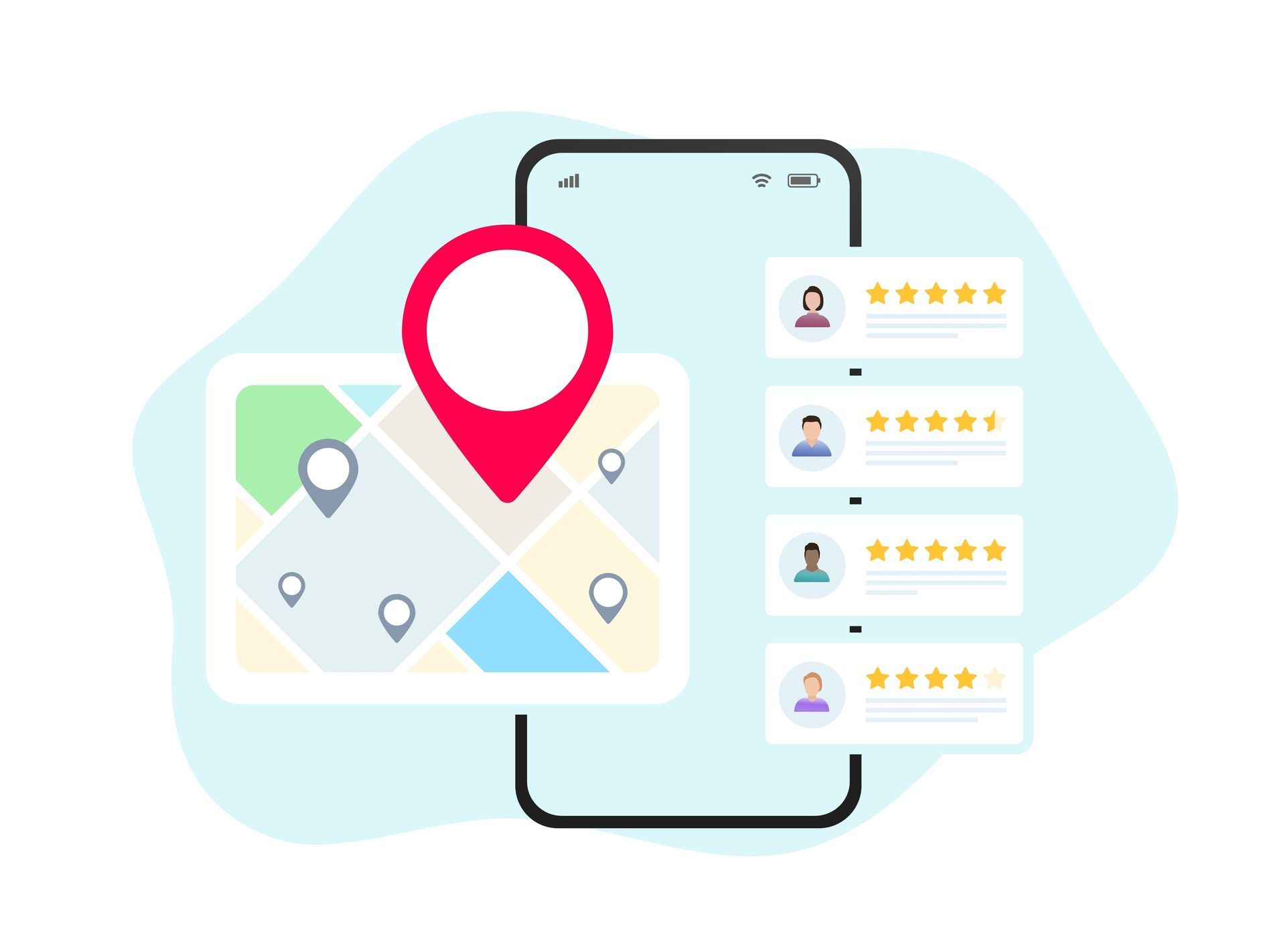 Map on smartphone with location pin and nearby star ratings