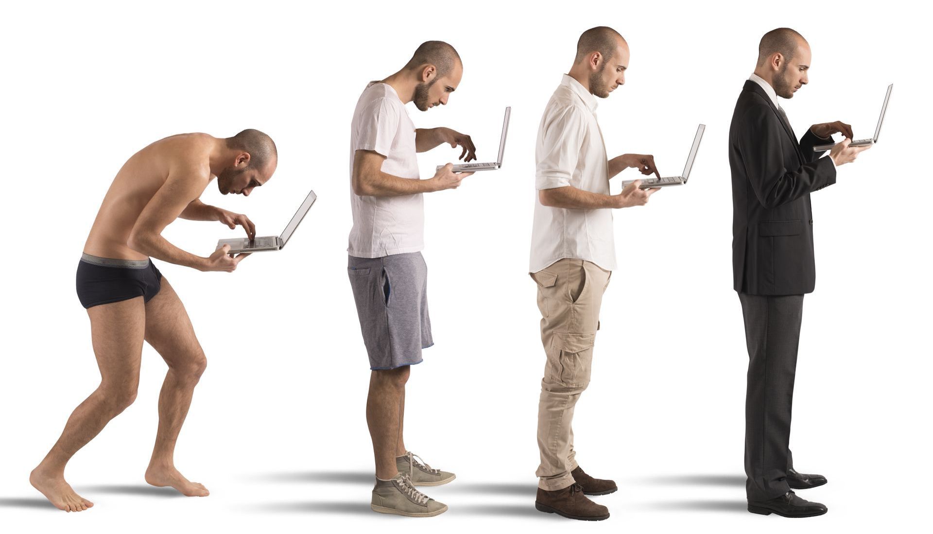 Four stages of a man standing upright while looking down at a laptop, from hunched to fully upright in a suit