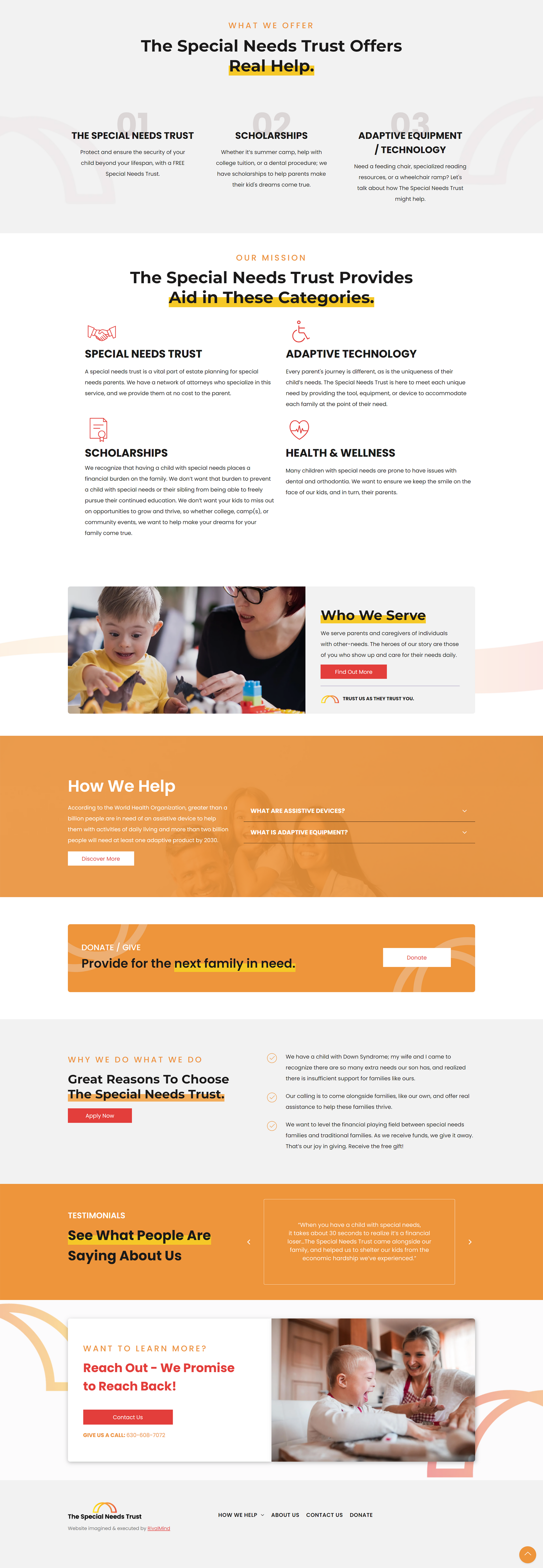 Long webpage screenshot with orange call-to-action sections, form boxes, and small photos of people working and talking