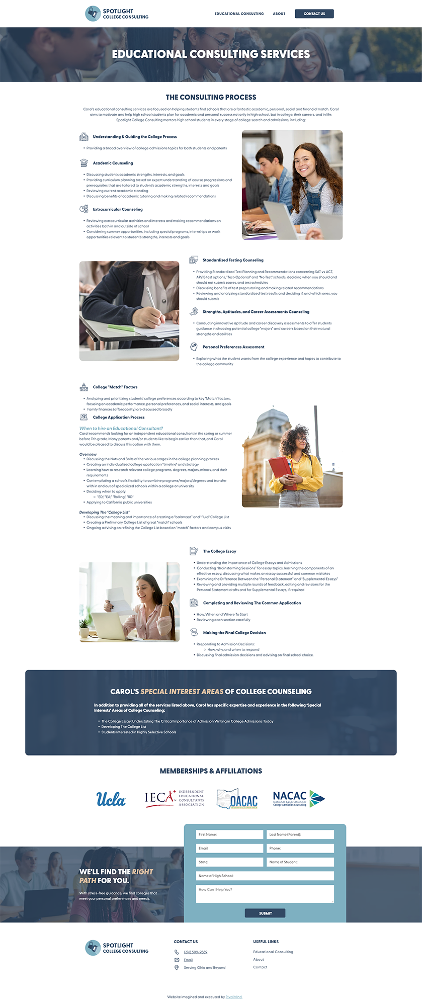 Website homepage with news items, photos, and a contact form on a blue footer.