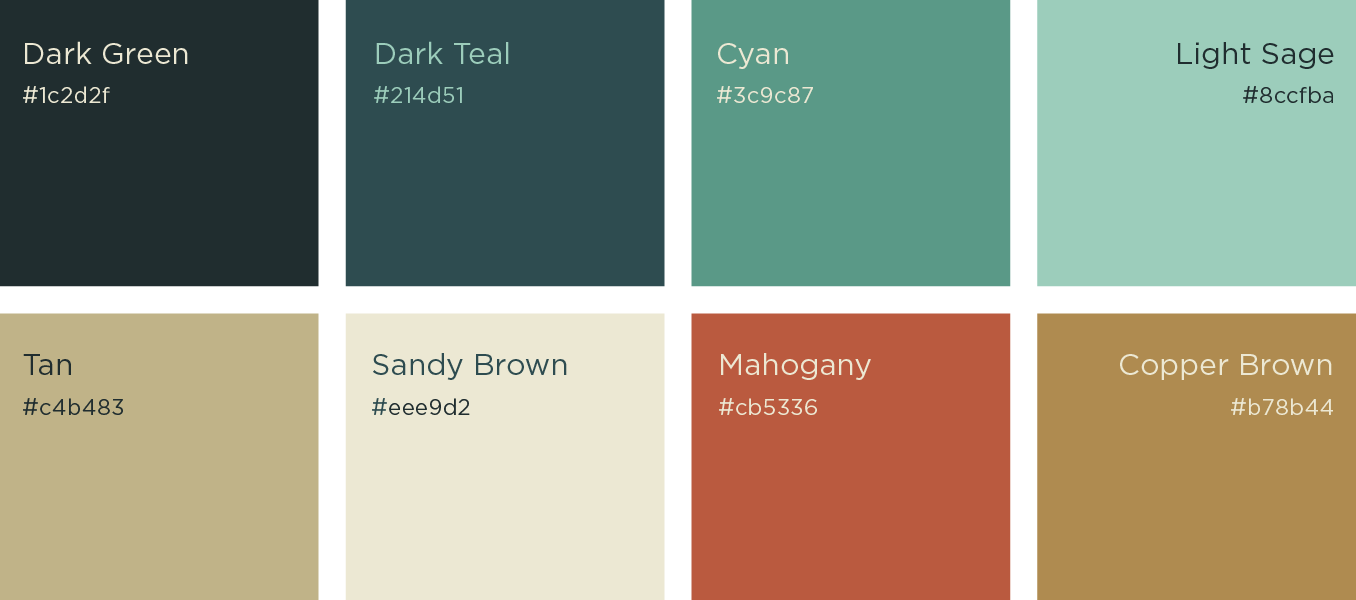 Color palette of eight labeled swatches in dark teal, cyan, beige, orange, and copper tones.