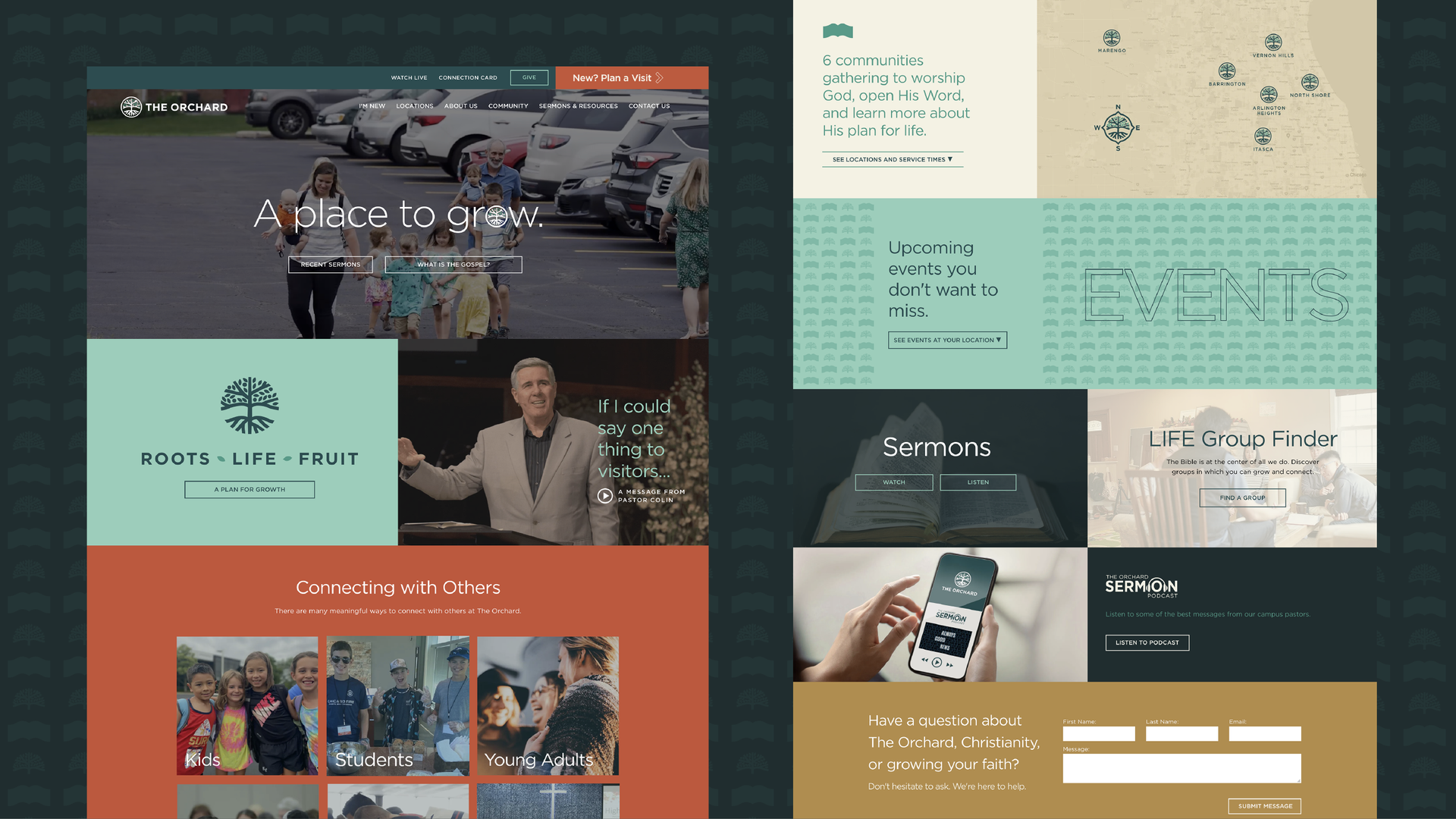 Website mockup with teal and orange panels, event photos, map, and a laptop checkout form