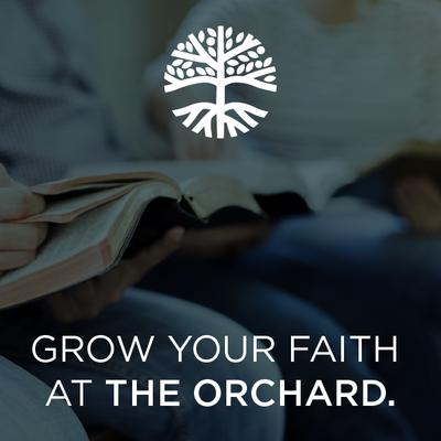 Church logo over open Bible with text “Grow your faith at the Orchard”