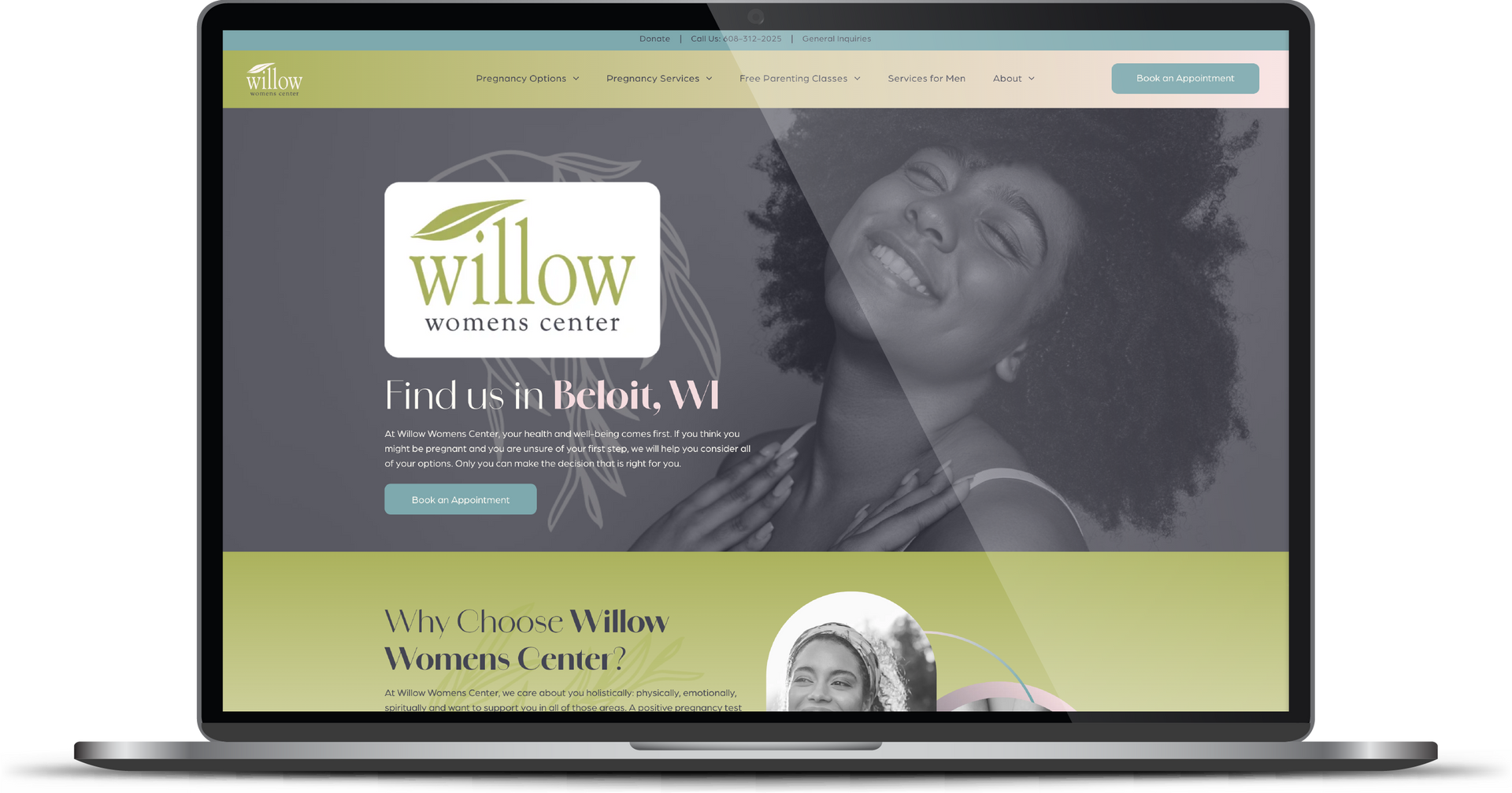 Laptop showing Willow website with a woman’s photo and “Find us in Belfast, WV” banner