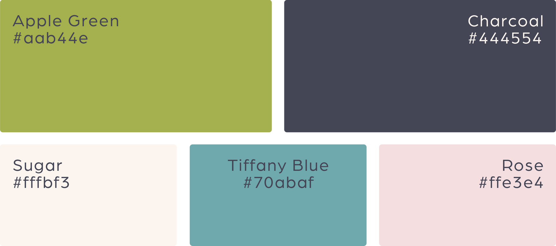 Color palette with Apple Green, Charcoal, Sugar, Tiffany Blue, and Rose swatches with hex codes