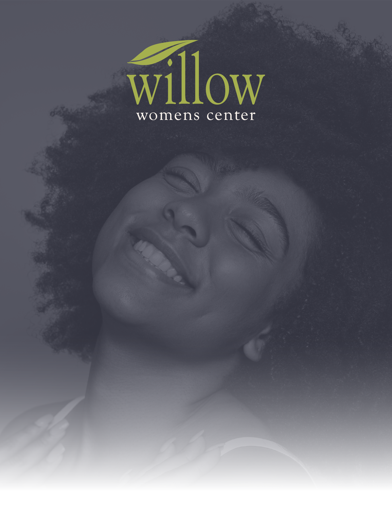 Willow Women’s Center logo over a smiling woman’s face on a dark background