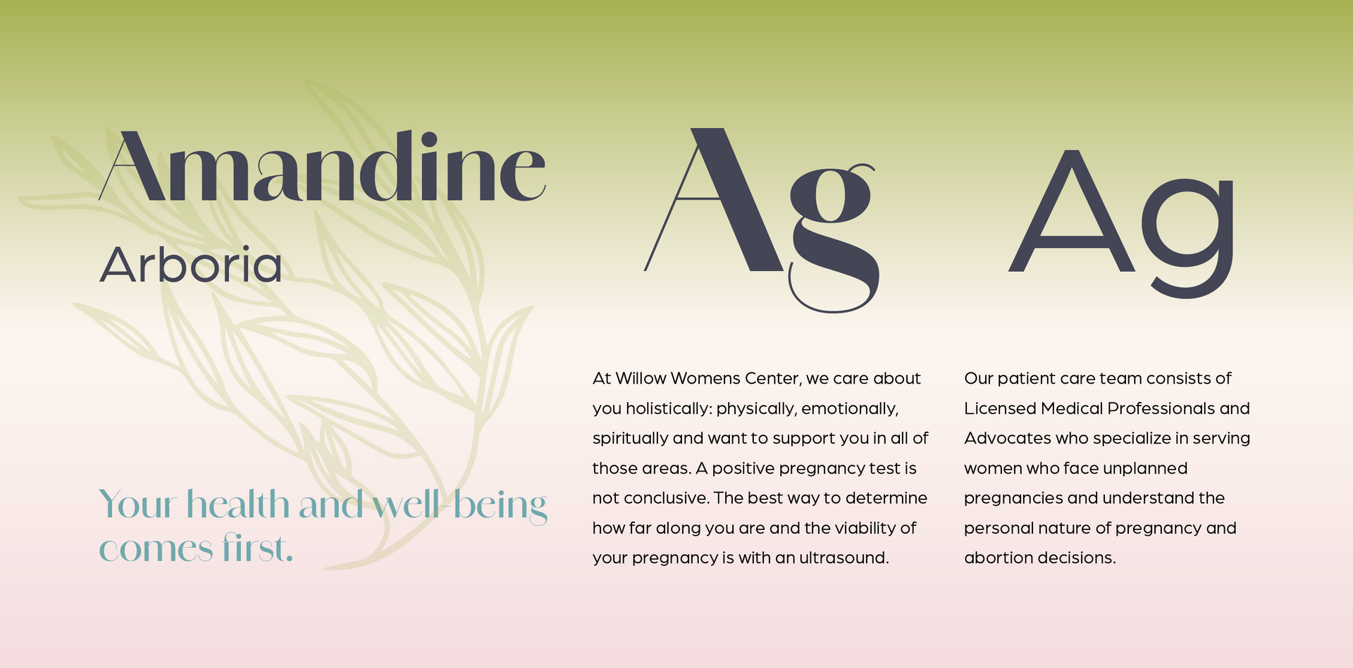 A pastel beige skincare ad with “Amandine Arborio,” “Ag Ag,” and minimalist text on a soft floral background