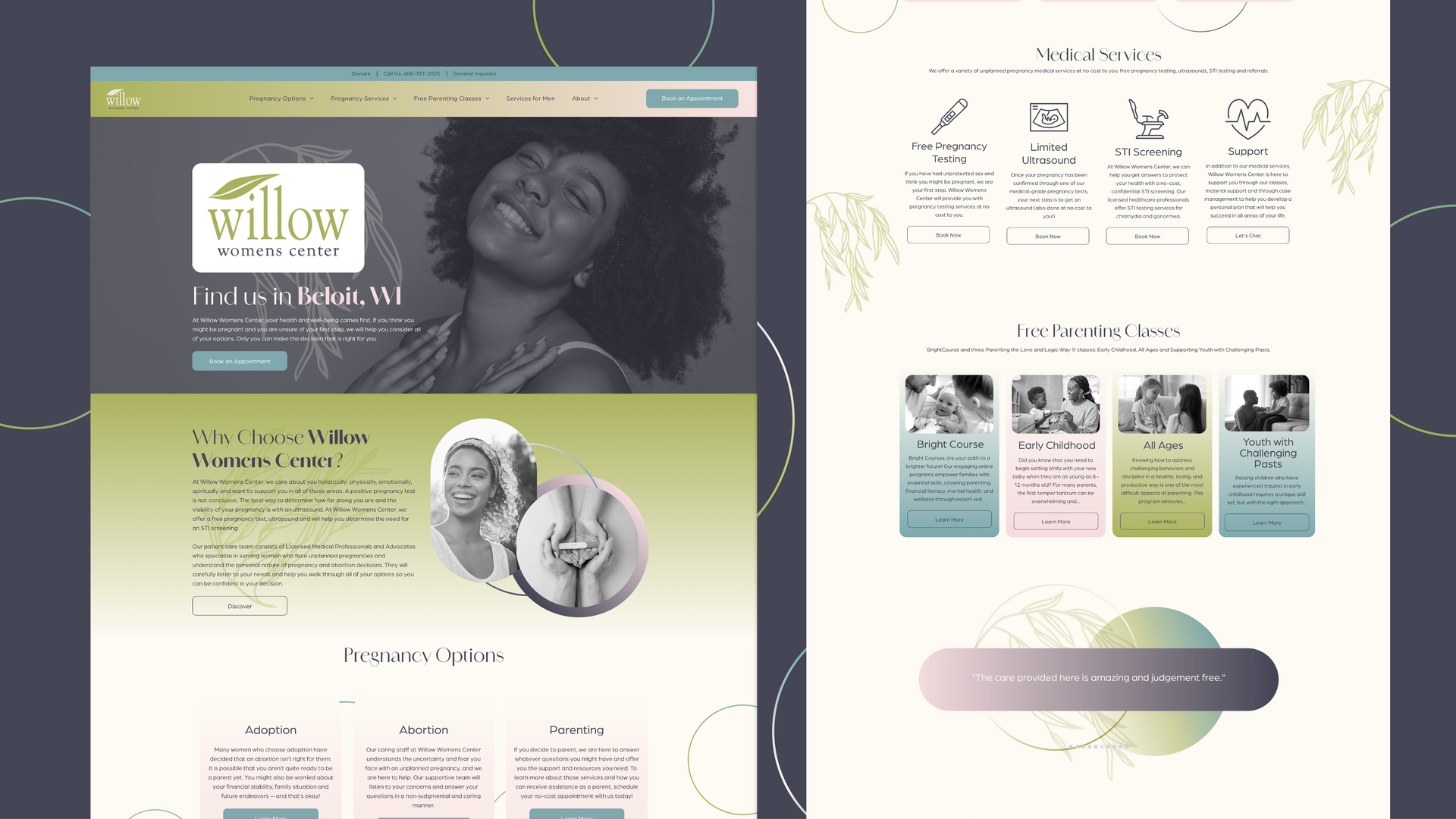 Two pastel website mockups: one dark hero page with portraits, one light page with cards and a rounded button
