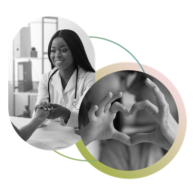 Healthcare worker holding hands with a patient, overlaid with heart-shaped hands and circular accents