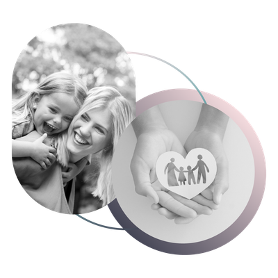 Smiling people and family hands holding a family icon in overlapping grayscale circles