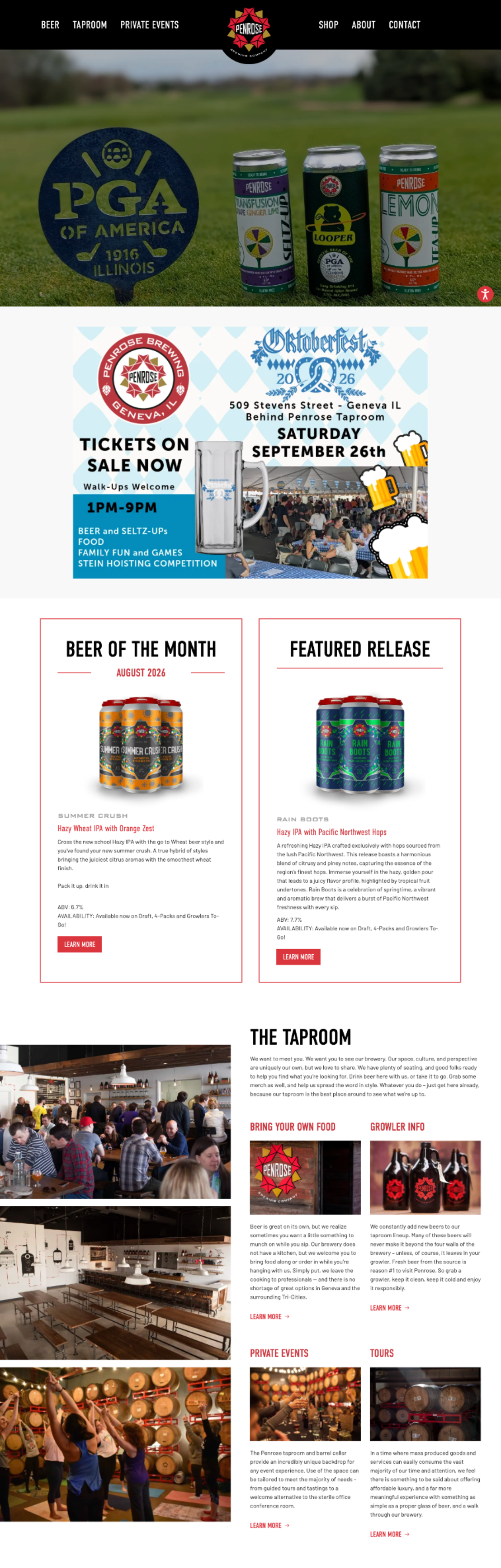 Screenshot of a dark-themed website homepage with red accents, cards, and a footer section.