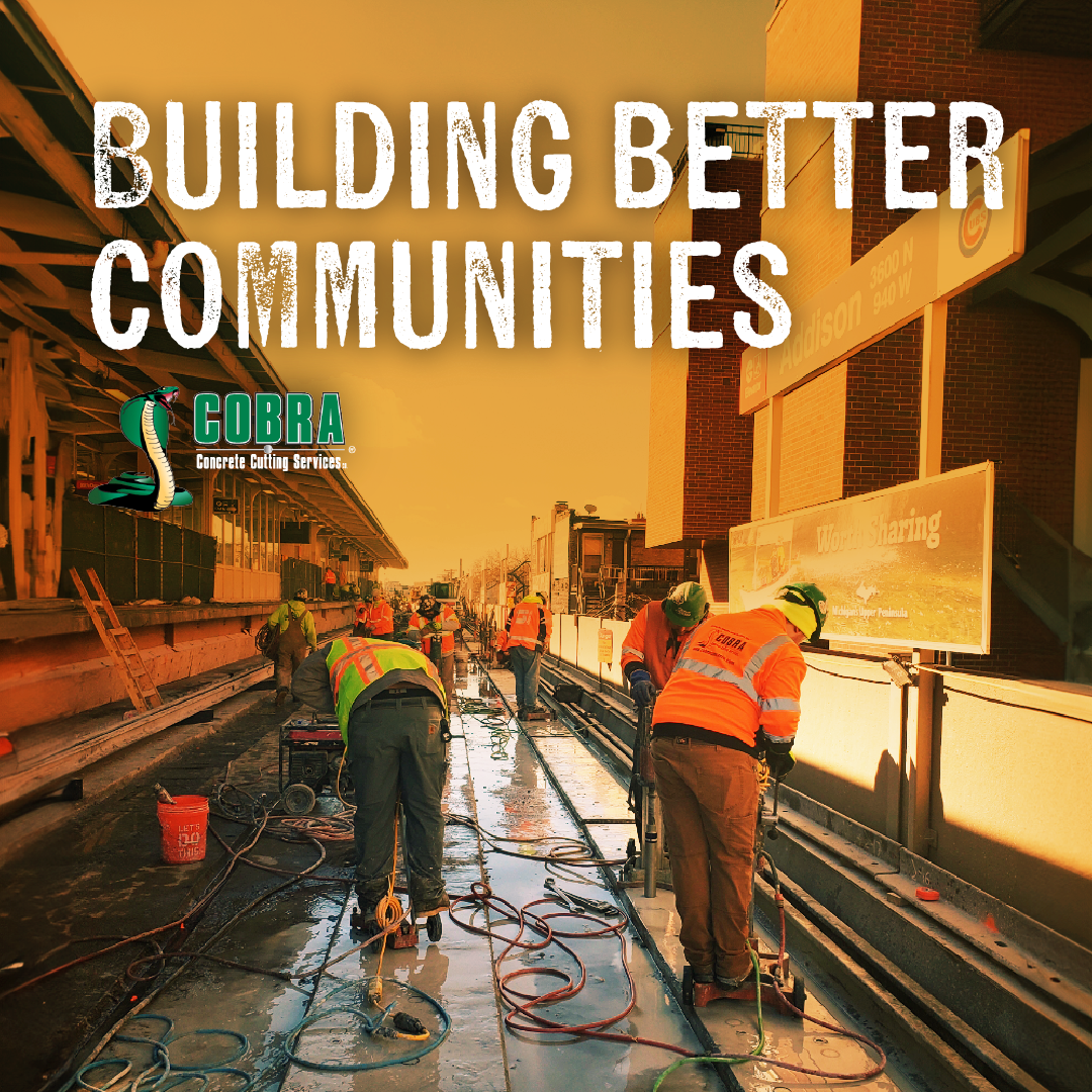 Construction workers repairing a road under an overpass with “Building Better Communities” text overlay