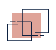 Two overlapping navy-outlined rectangles over a salmon-red square on a white background