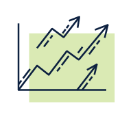 Line chart with zigzag upward trend and arrows, black on pale green background.