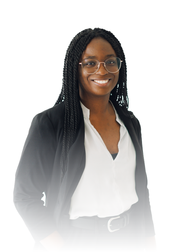 Smiling woman in glasses wearing a black blazer and white blouse against a white background