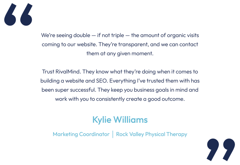 Quote testimonial graphic on a white background with blue text and large blue quotation marks.