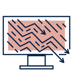 Computer monitor with pink screen and downward zigzag arrows, suggesting a decline or drop