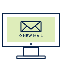 Desktop monitor with envelope icon and “0 NEW MAIL” message on green screen