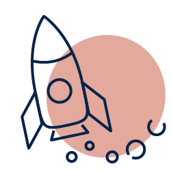 Illustrated rocket ship launching with smoke, in navy outline on a pink circle background