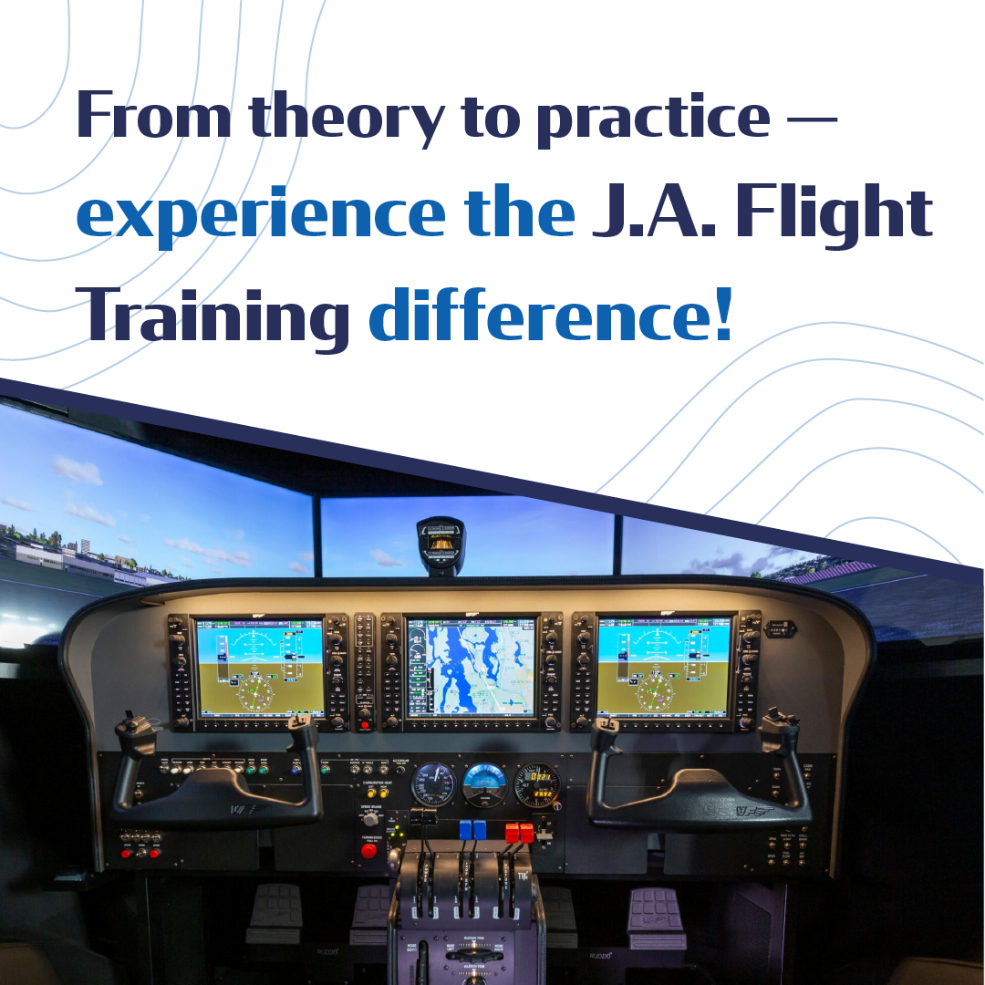 Flight simulator cockpit with glowing instruments and text: “Experience the J.A. Flight Training difference!”