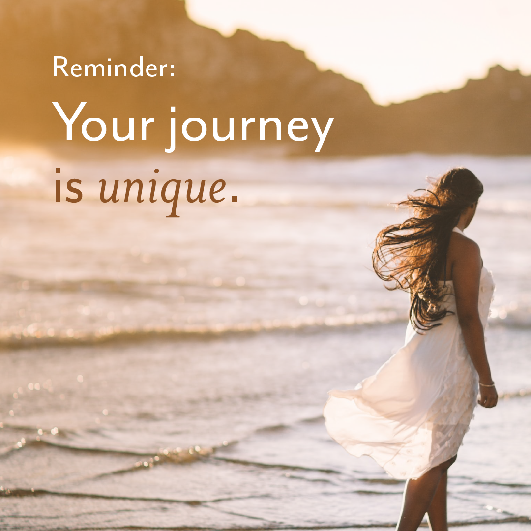 Woman in a white dress walking on a beach at sunset with text: “Your journey is unique.”