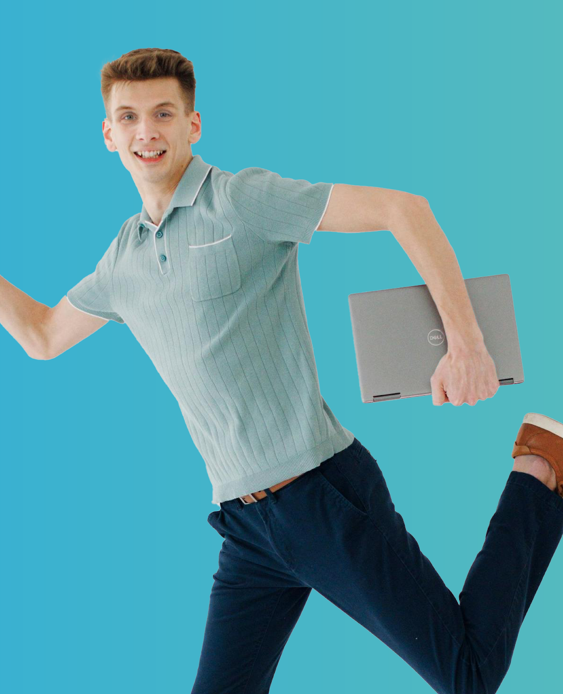 Person in a light blue shirt and dark jeans jumping while holding a gray laptop on a turquoise background