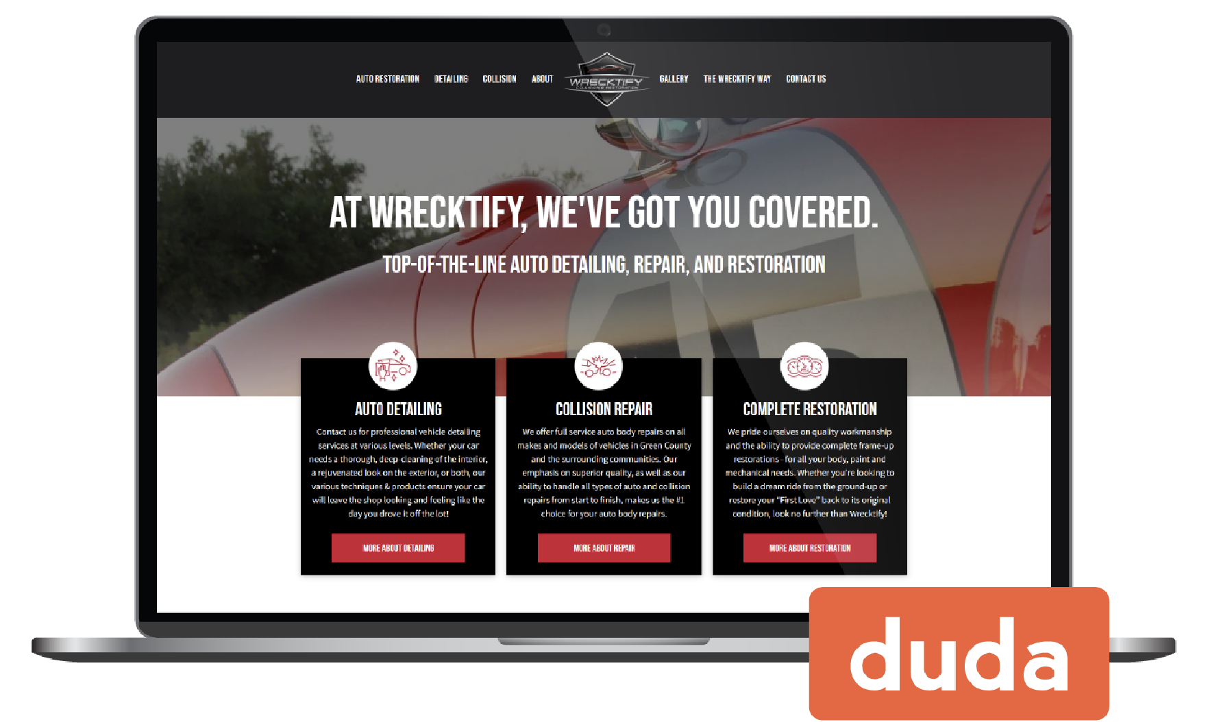 Laptop displaying a Duda website mockup with three service cards and a bold homepage headline