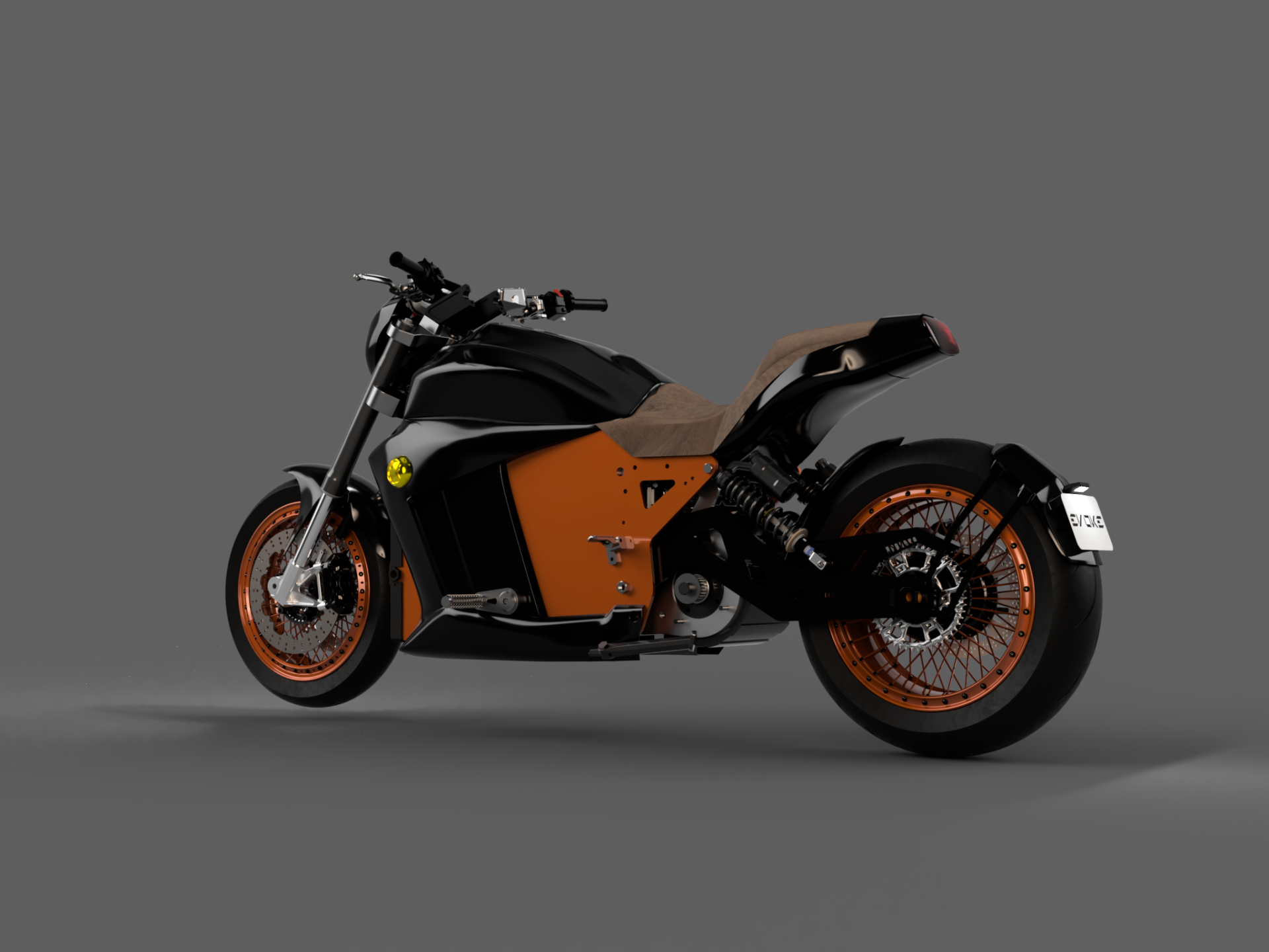 A black and orange 6061- GT electric motorcycle is sitting on a gray surface.