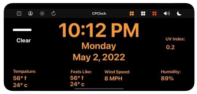 Black weather dashboard showing 10:12 PM Monday, May 2, 2022 with current conditions and forecast stats.