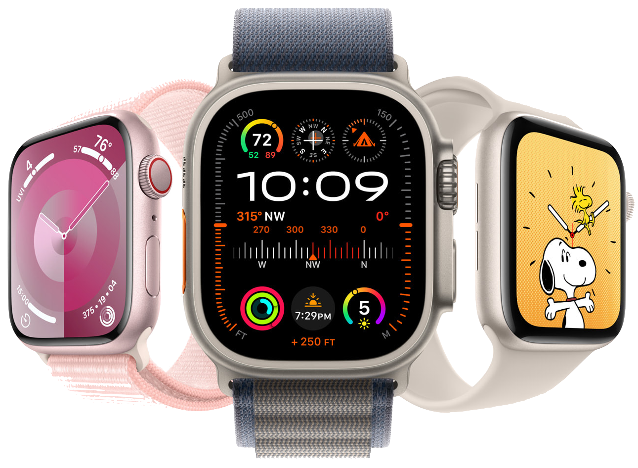 Three apple watches are sitting next to each other on a white background.