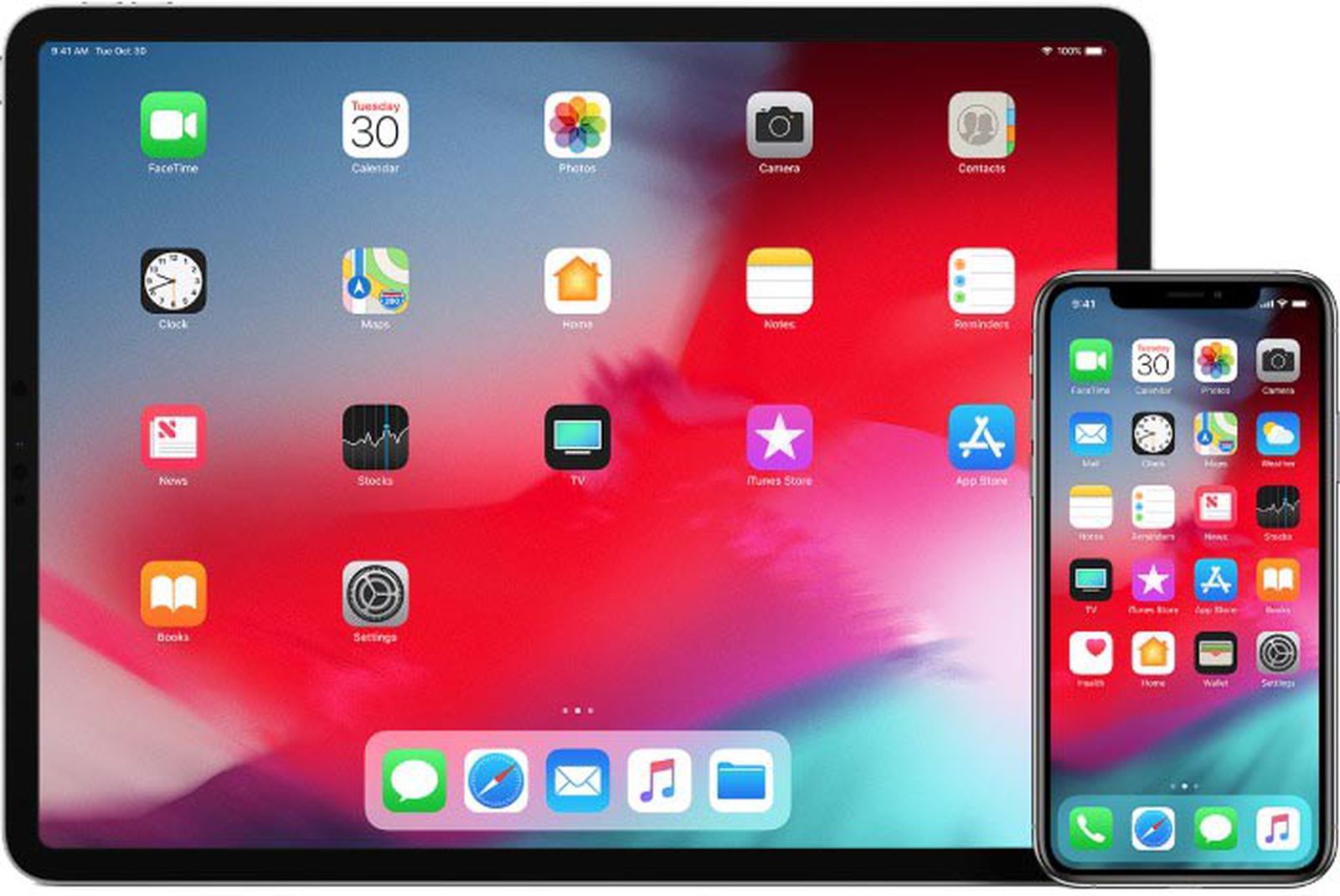 A tablet and a cell phone are sitting next to each other.