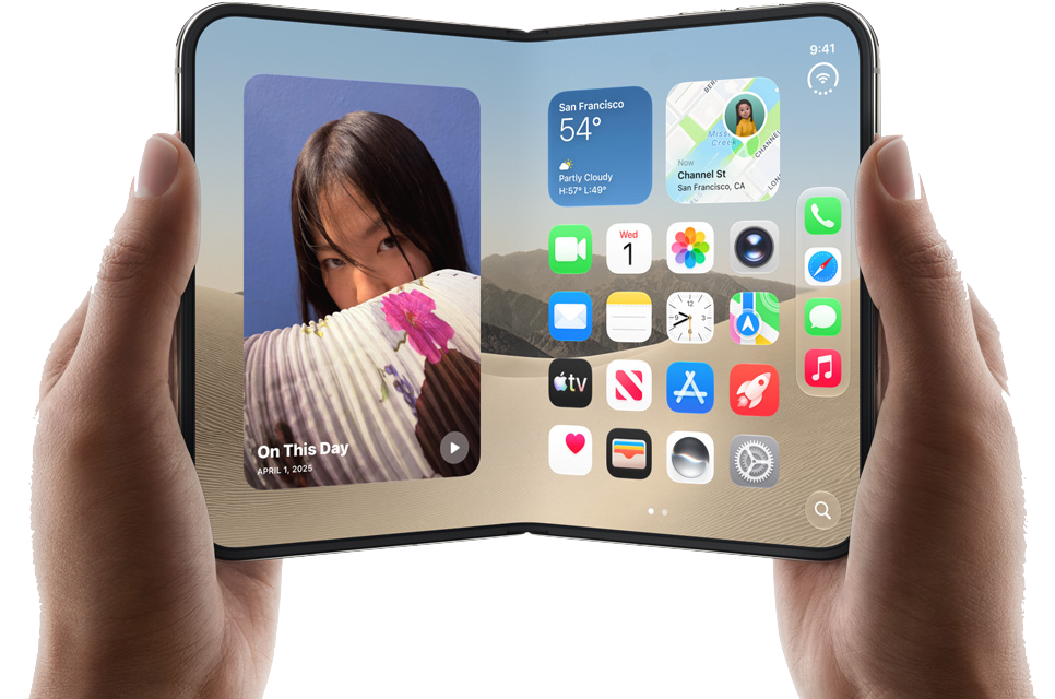 Hands holding a foldable smartphone showing a home screen and a photo of a woman drinking from a glass