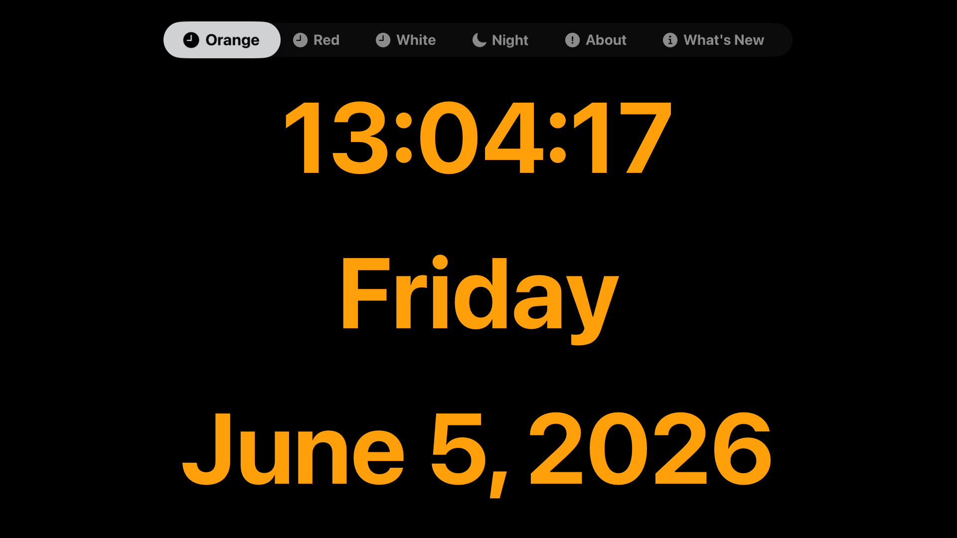 Digital clock display on black background showing 13:04:17, Friday, June 5, 2026.