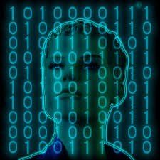 Neon cyan outline of a human face over cascading binary code on a black background