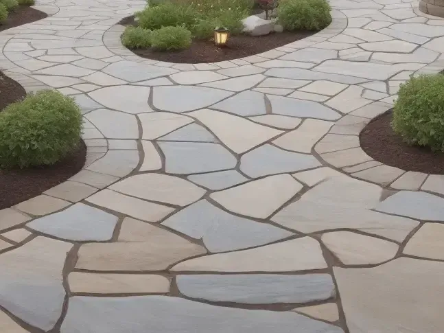 A stone walkway with a lantern in the middle of it