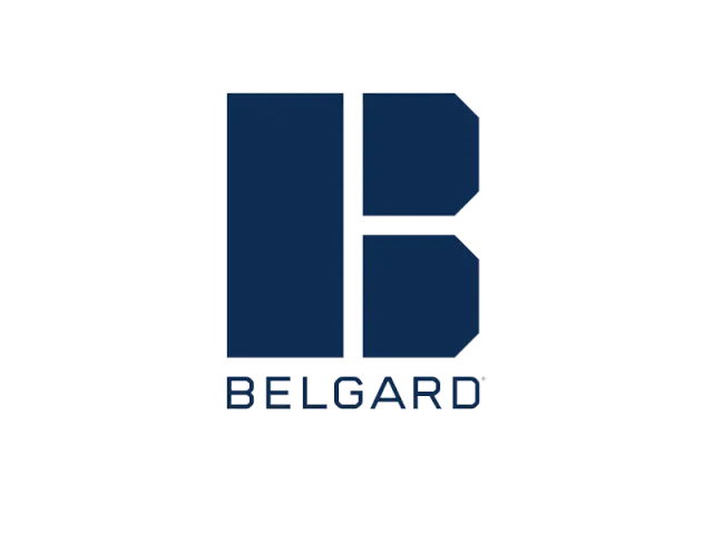 A blue and white logo for belgard on a white background.