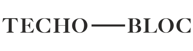 A black and white logo for techo bloc on a white background.