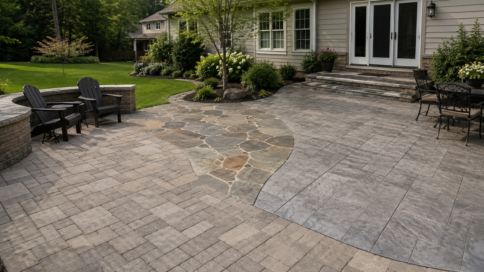 Paver, flagstone, and stamped concrete patio materials at a Maryland home