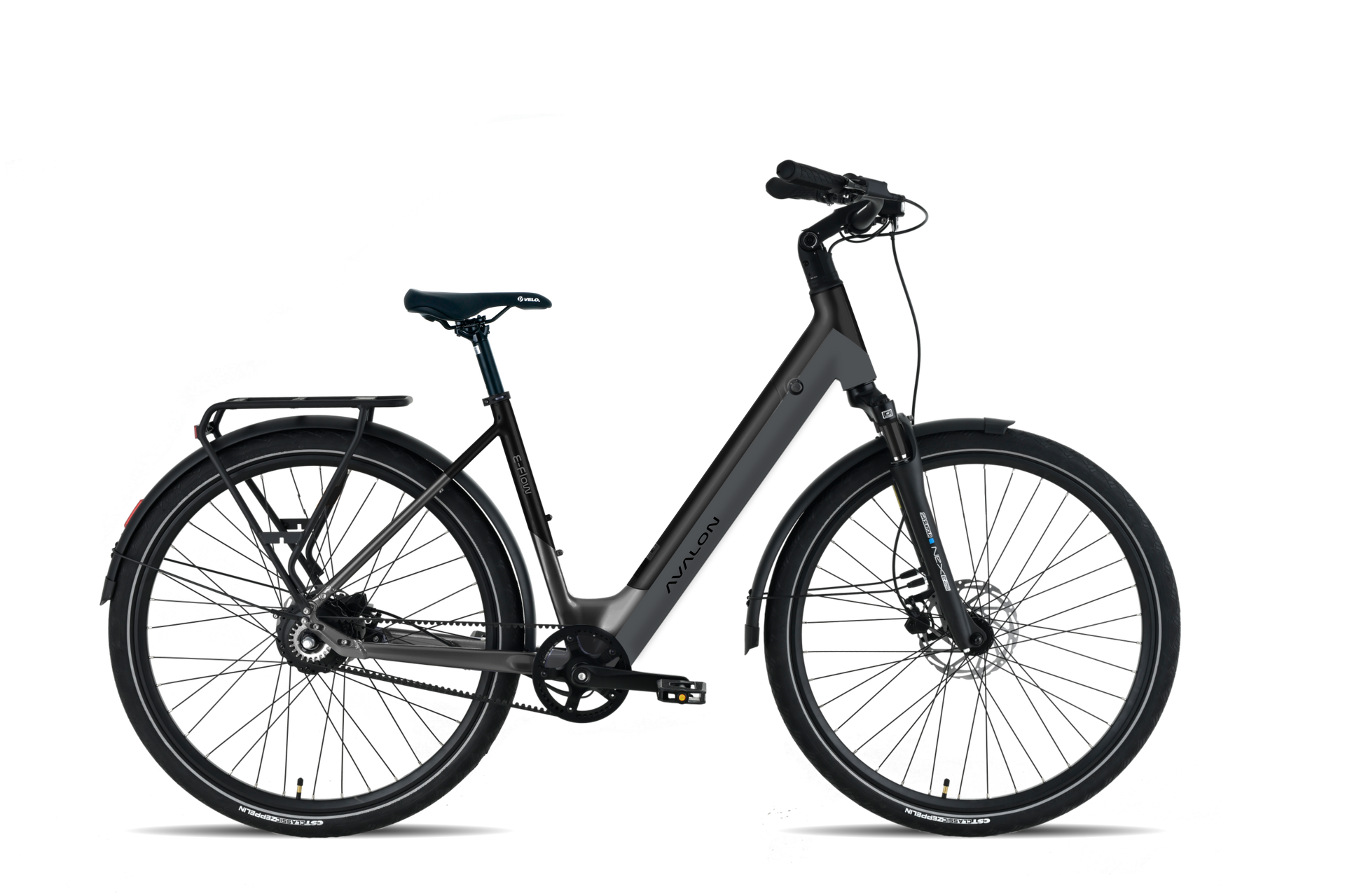 Donkergrijze Avalon E-Flow elektrische stadsfiets met riemaandrijving en middenmotor