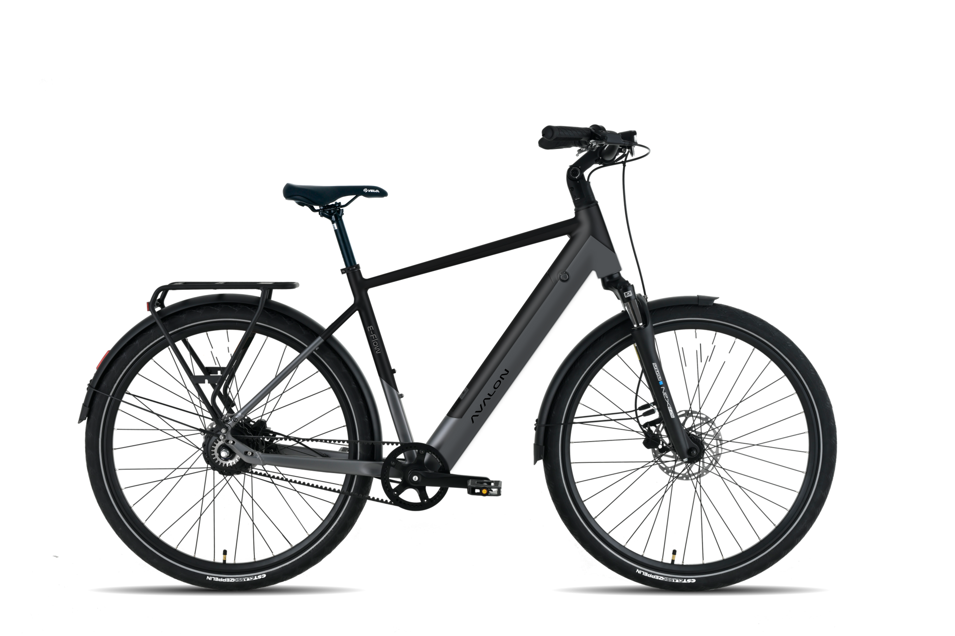 Donkergrijze Avalon E-Flow elektrische stadsfiets met riemaandrijving en middenmotor