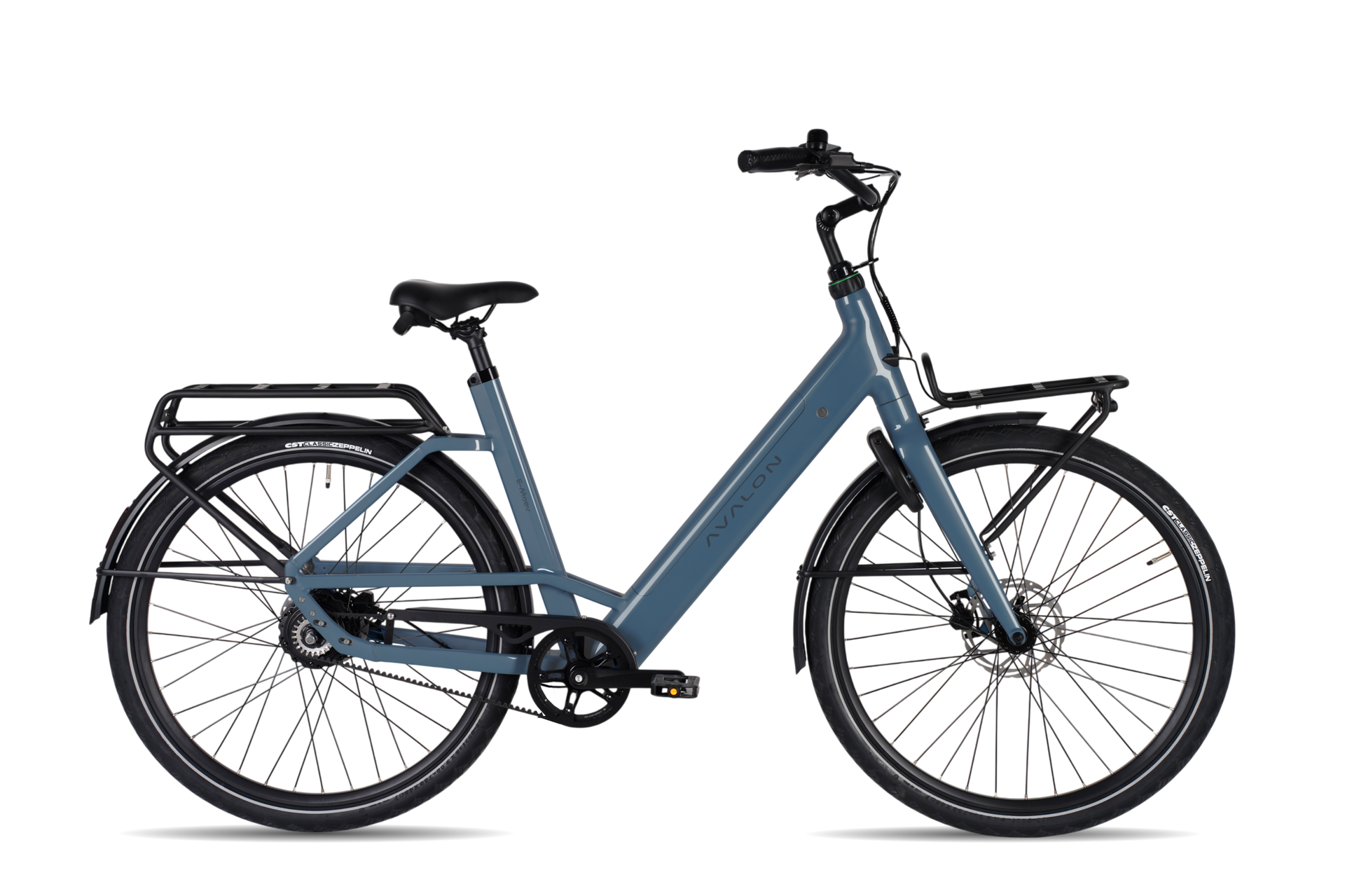 blauw grijze Avalon E-Moev elektrische stadsfiets met riemaandrijving