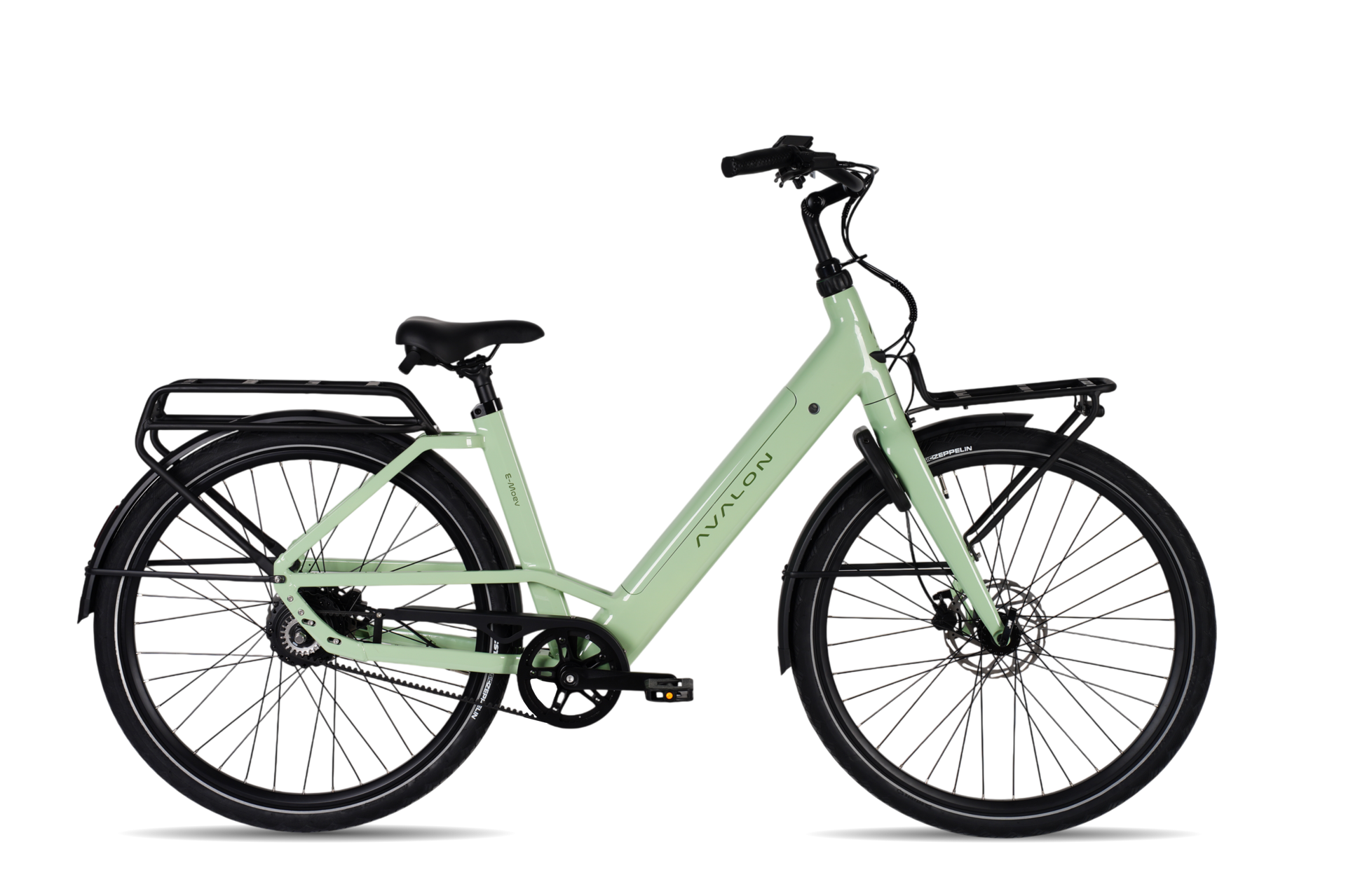 Avalon E-Flow Avalon E-Flow. Een mint groene elektrische fiets met een instapframe.