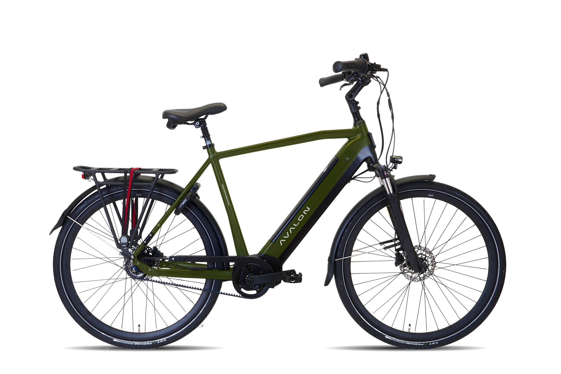 Avalon E-Pro Sport Avalon E-Pro Sport, Zwarte elektrische fiets met zwarte spatborden en bagagerek, geparkeerd op een witte achtergrond.